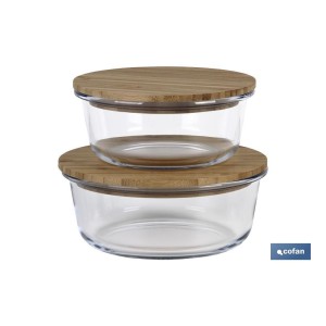 Set de 2 Fiambreras Redondas de Borosilicato | Modelo Bambú | Tapa de Bambú | Capacidad 620-950 ml