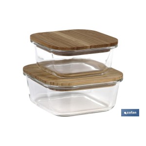 Set de 2 Fiambreras Cuadradas de Borosilicato | Modelo Bambú | Tapa de Bambú | Capacidad 520-800 ml