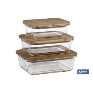 Set de 3 Fiambreras Rectangulares de Borosilicato | Modelo Bambú | Tapa de Bambú | Capacidad 640-1040-1520 ml