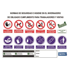 Cartel Multiseñal | Normas de seguridad e higiene para invernaderos | Medida 1000 x 700 mm