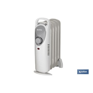 Mini radiador de aceite | Potencia: 450 W | Termostato regulable | Seguridad antiincendios | Color: blanco | Medidas: 26 x 13 x